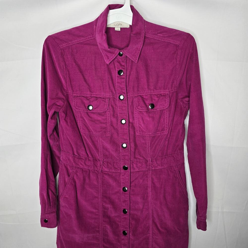 Loft Pink Magenta Corduroy Snap Front Midi Shirt Dress Size 6 - Picture 2 of 7